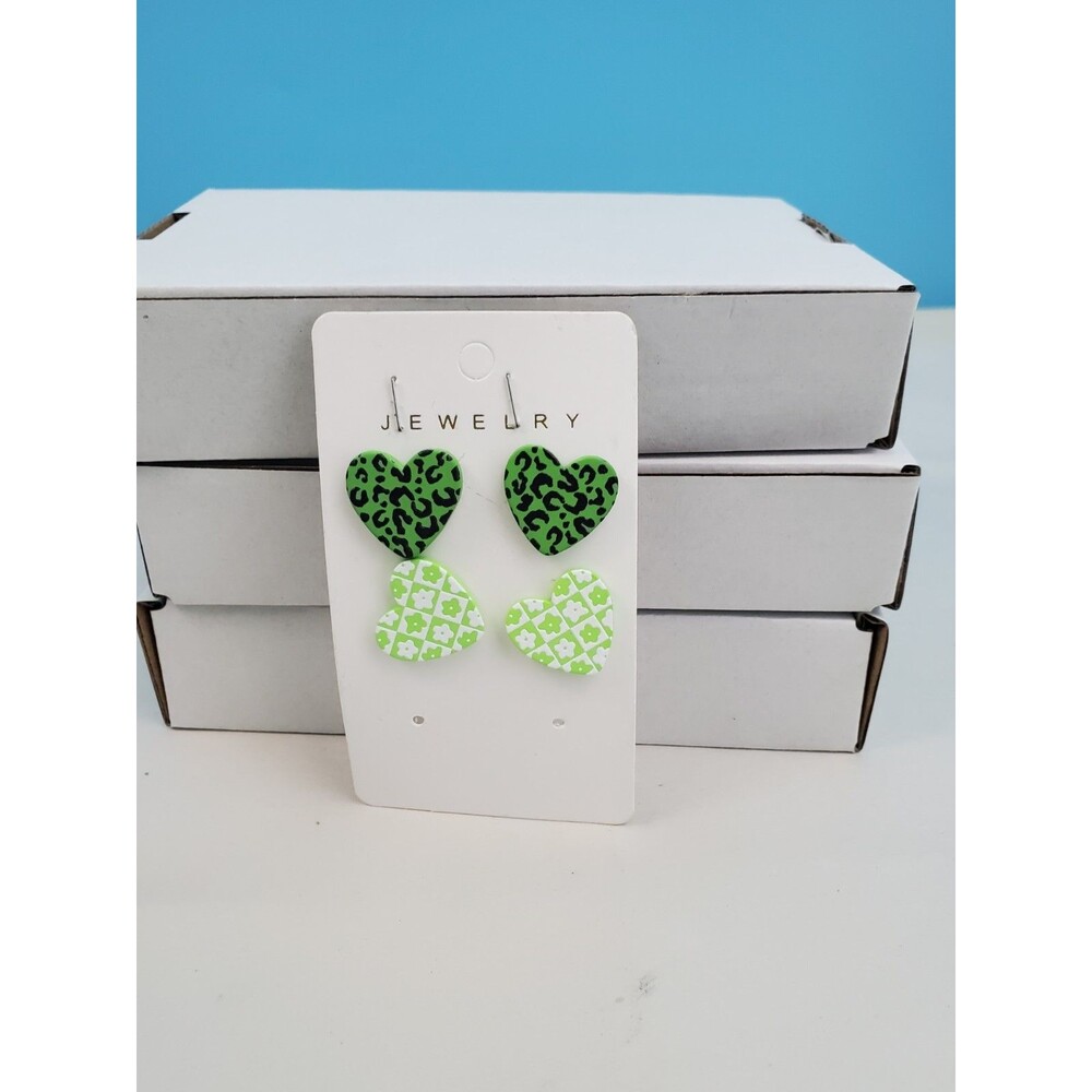 Green Heart Stud Earrings Lot Y2K Leopard Print Checkered Floral Post 2 Pairs